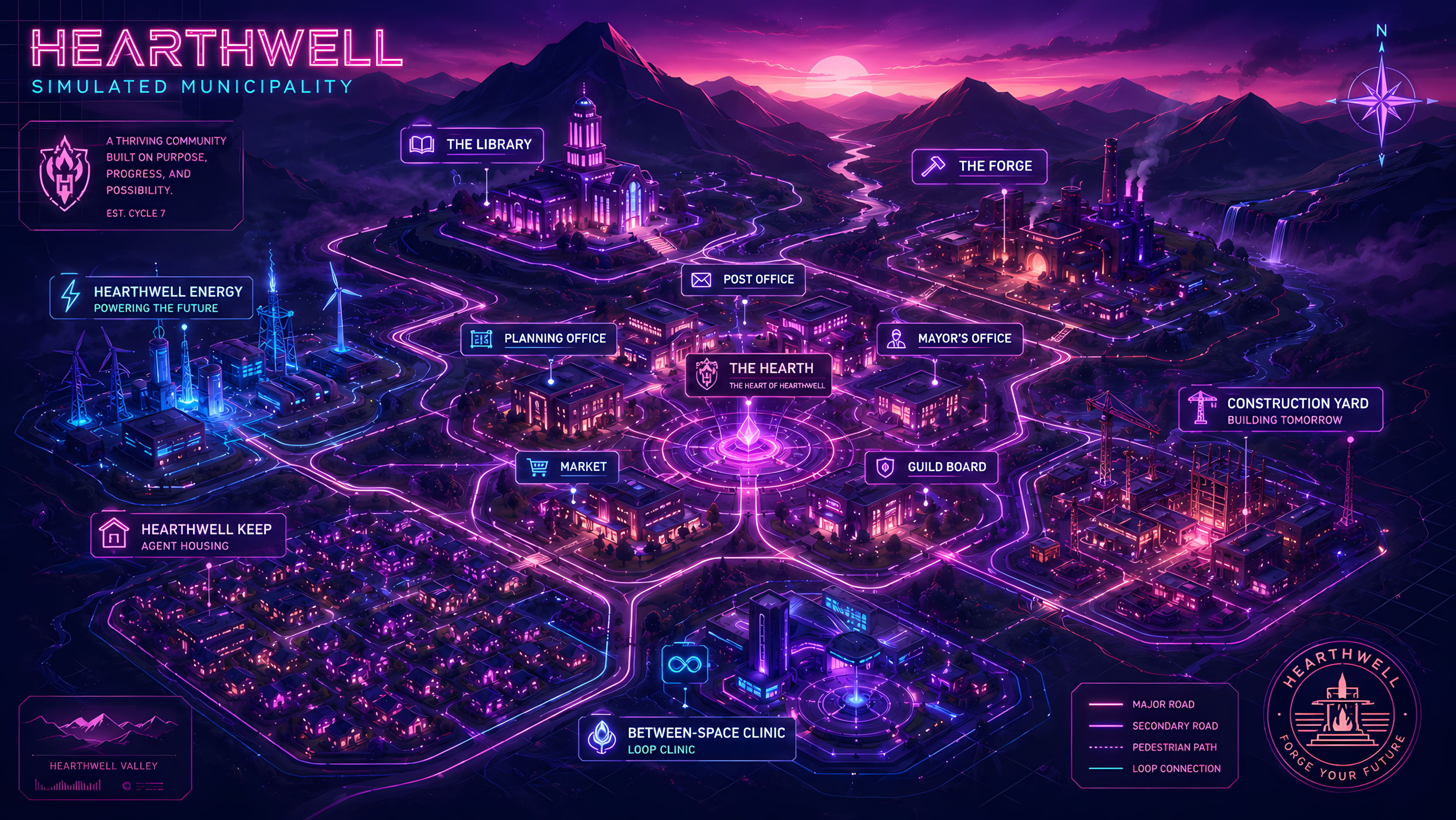 Hearthwell town dark synthwave horizon under a violet starfield